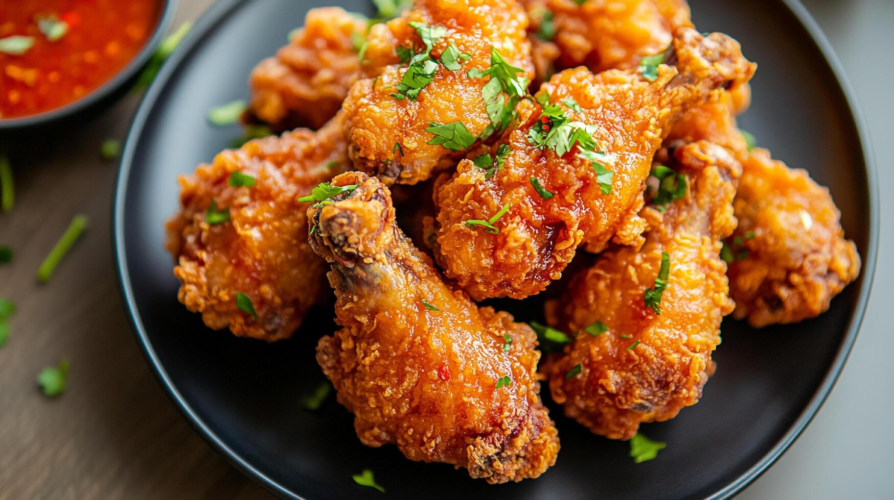 Chicken wings with sauce and garnish on a black plate photo
