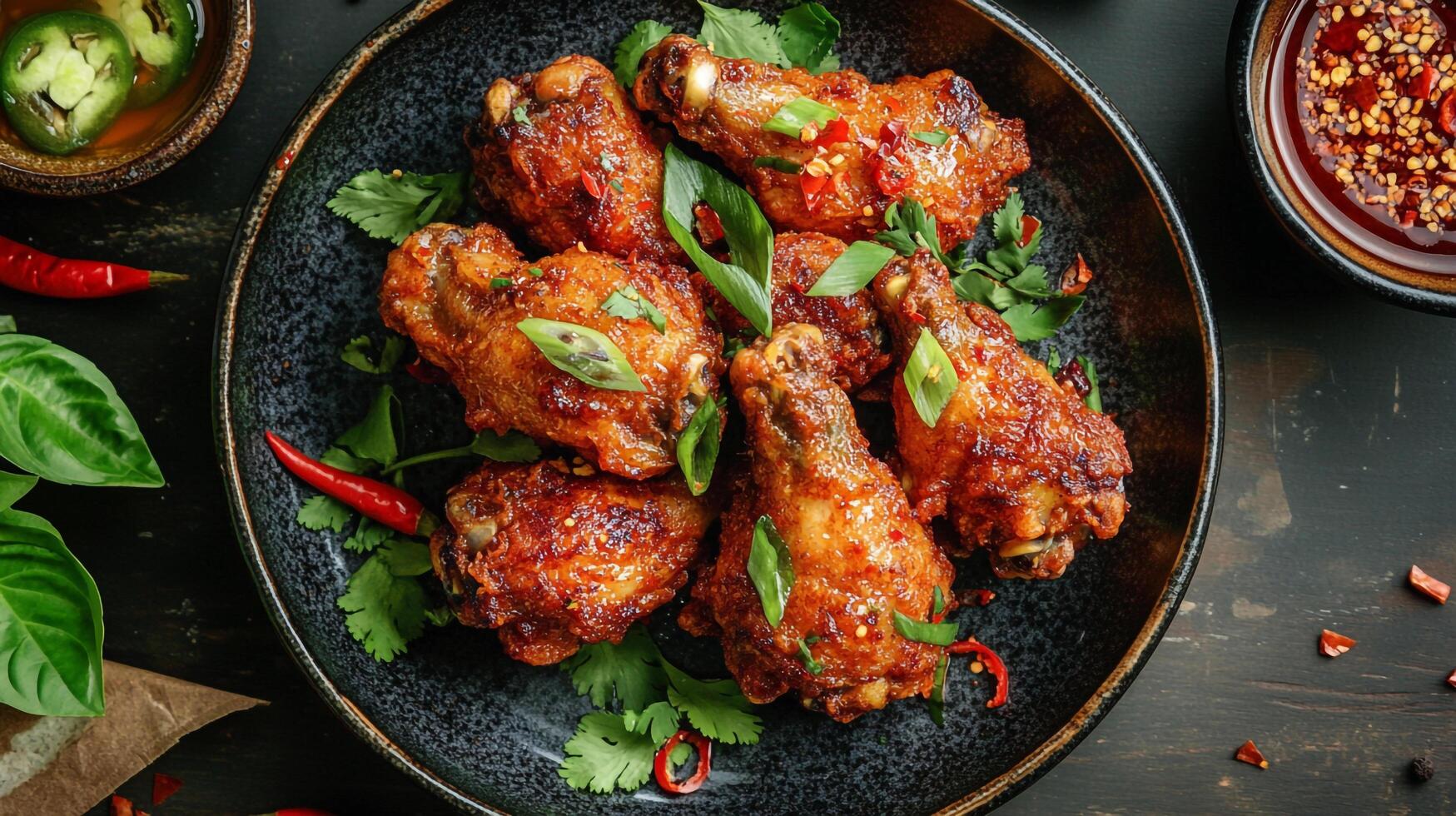 Chicken wings with sauce and herbs on a black plate photo