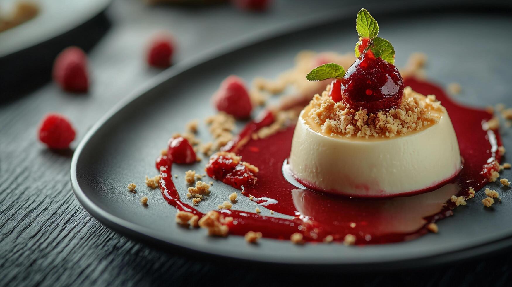 A dessert with raspberry sauce on a black plate photo