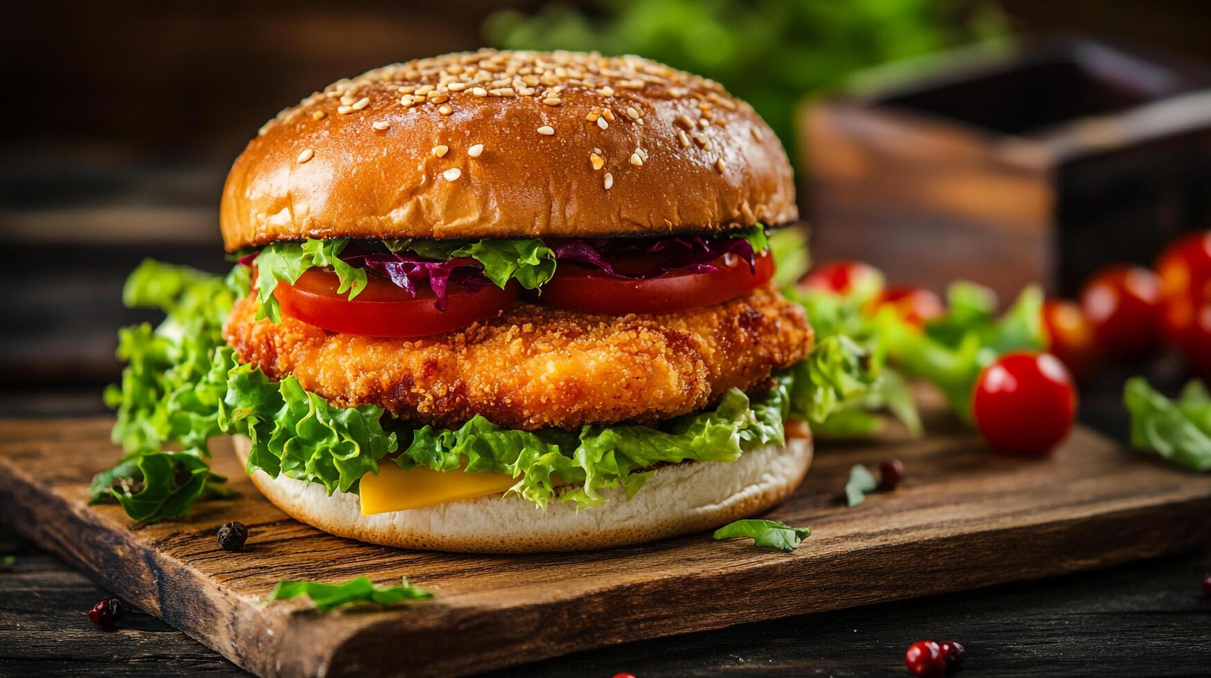 A chicken burger with lettuce and tomatoes on a wooden cutting board photo