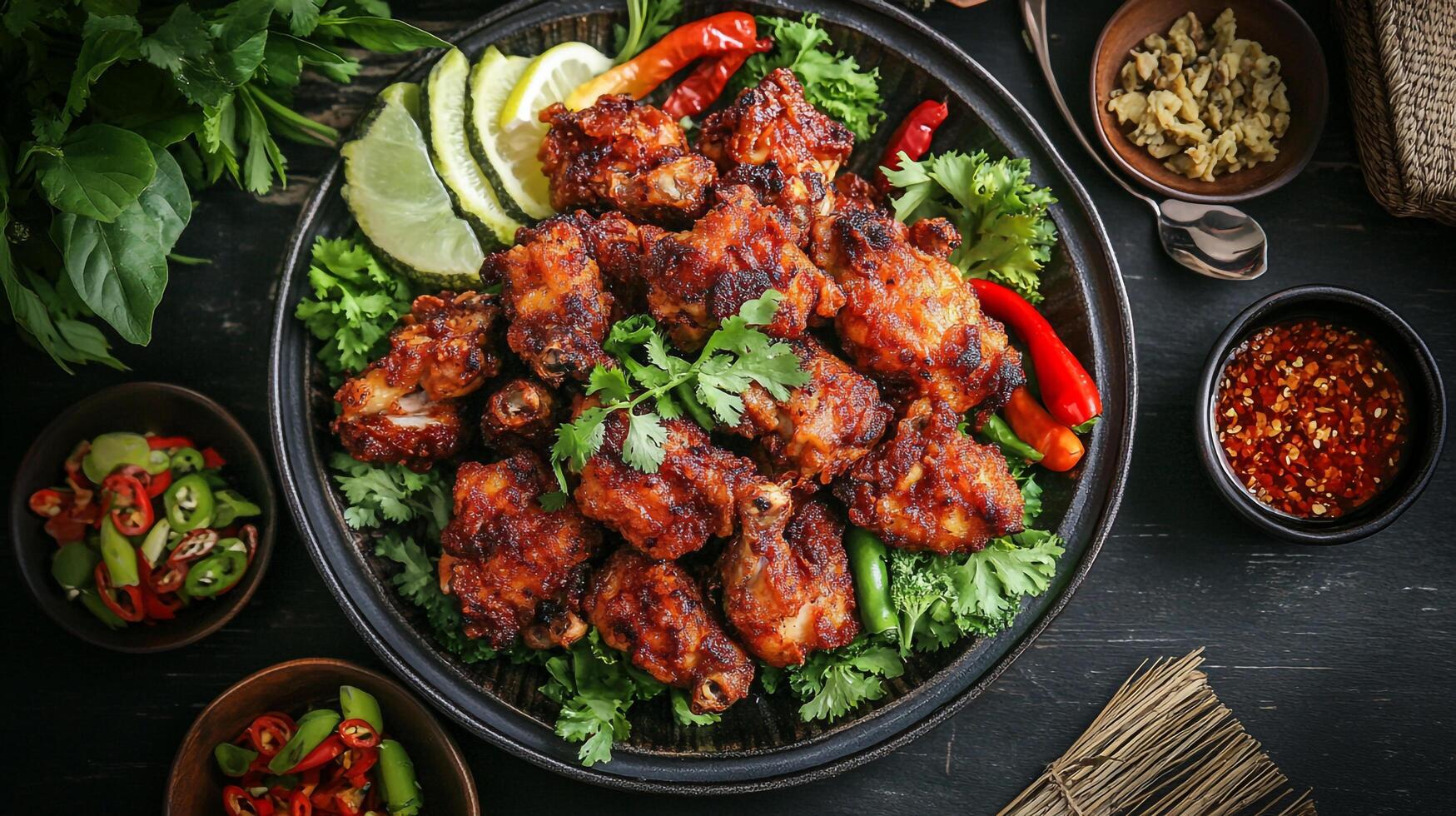 Chicken wings with sauce and vegetables on a black plate photo
