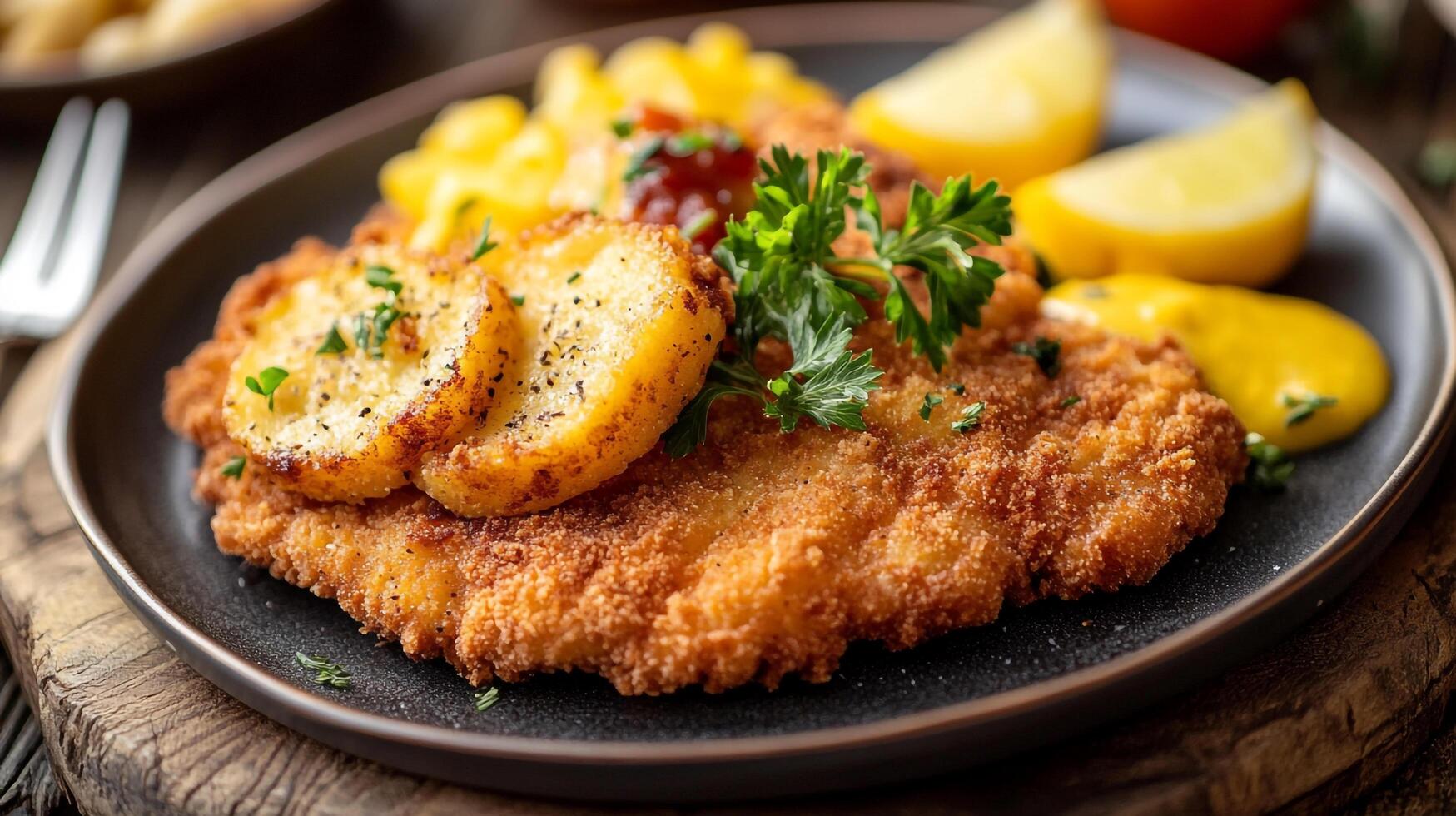 A plate of chicken schnitzel with potatoes and vegetables photo