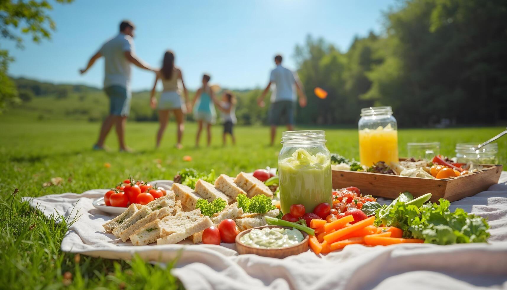 A picnic spread with various healthy foods including sandwiches, vegetables, fruits, and drinks on a blanket in a grassy field with a family in the background photo