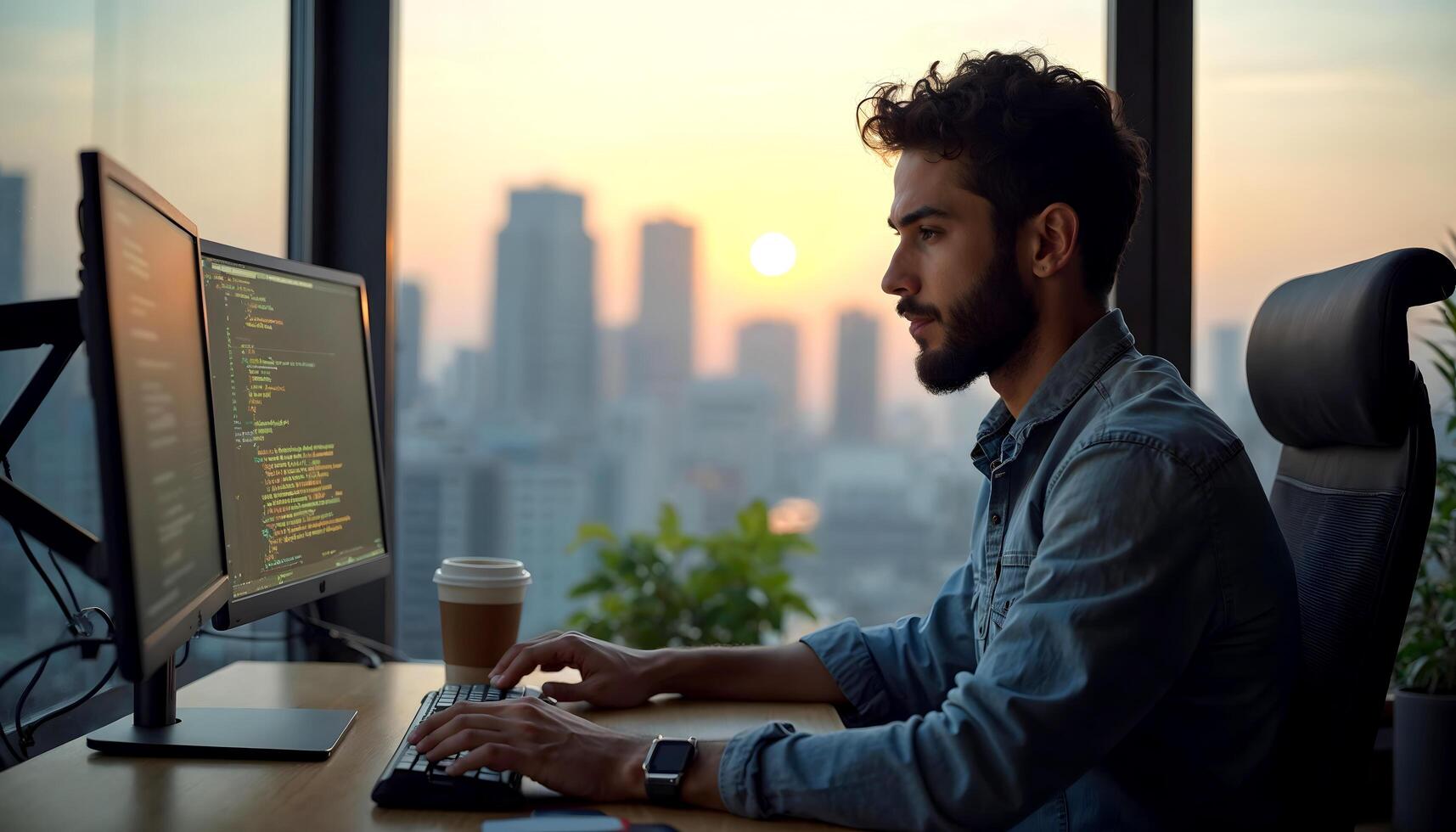 A young Caucasian man with short dark hair and a beard, wearing a denim shirt, working on a laptop computer in front of a window with a cityscape view in the background photo