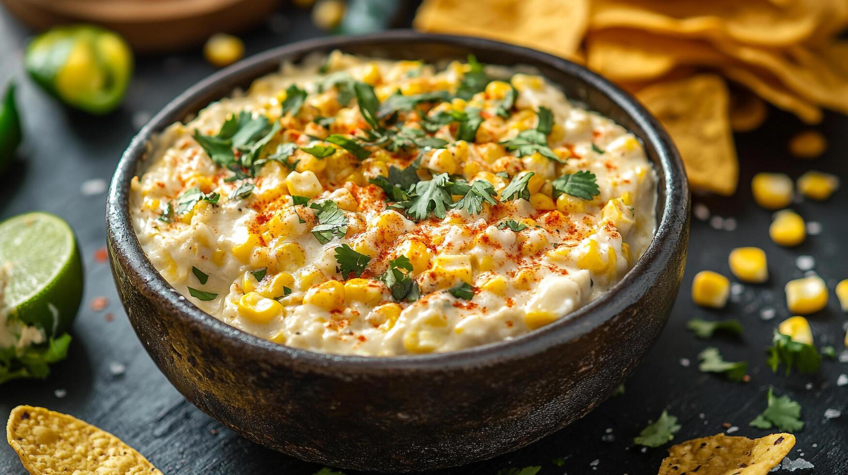 Mexican corn dip with tortilla chips photo