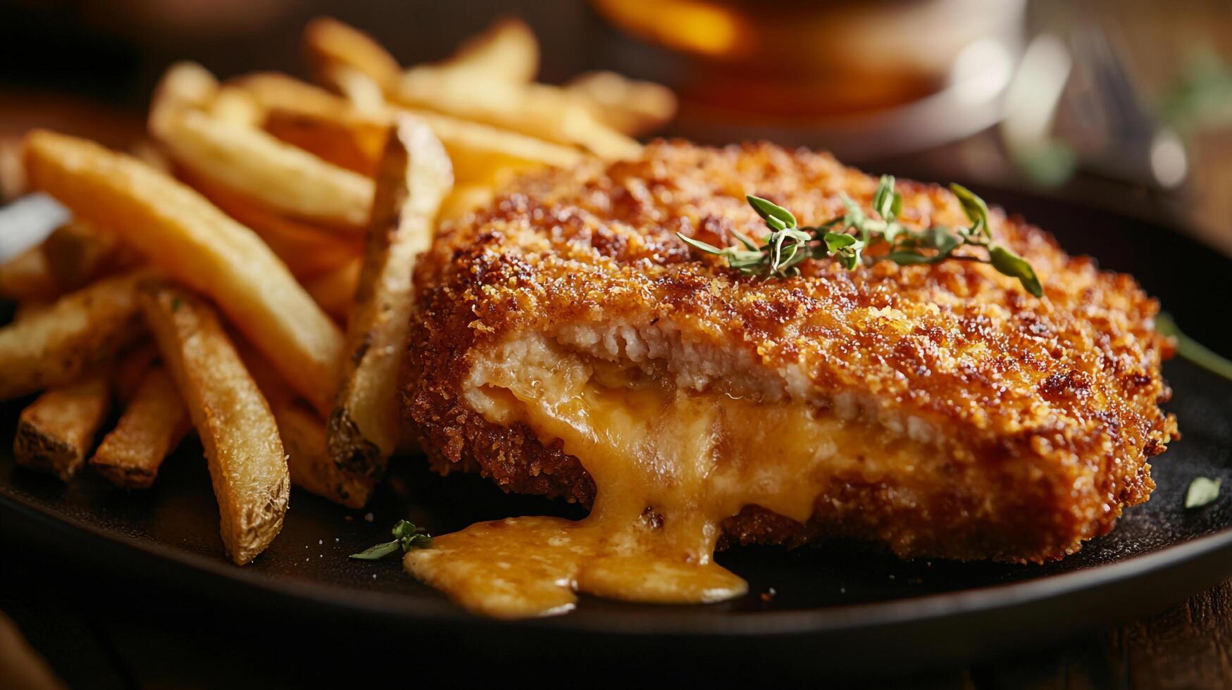 A fried chicken cutlet with cheese and herbs photo