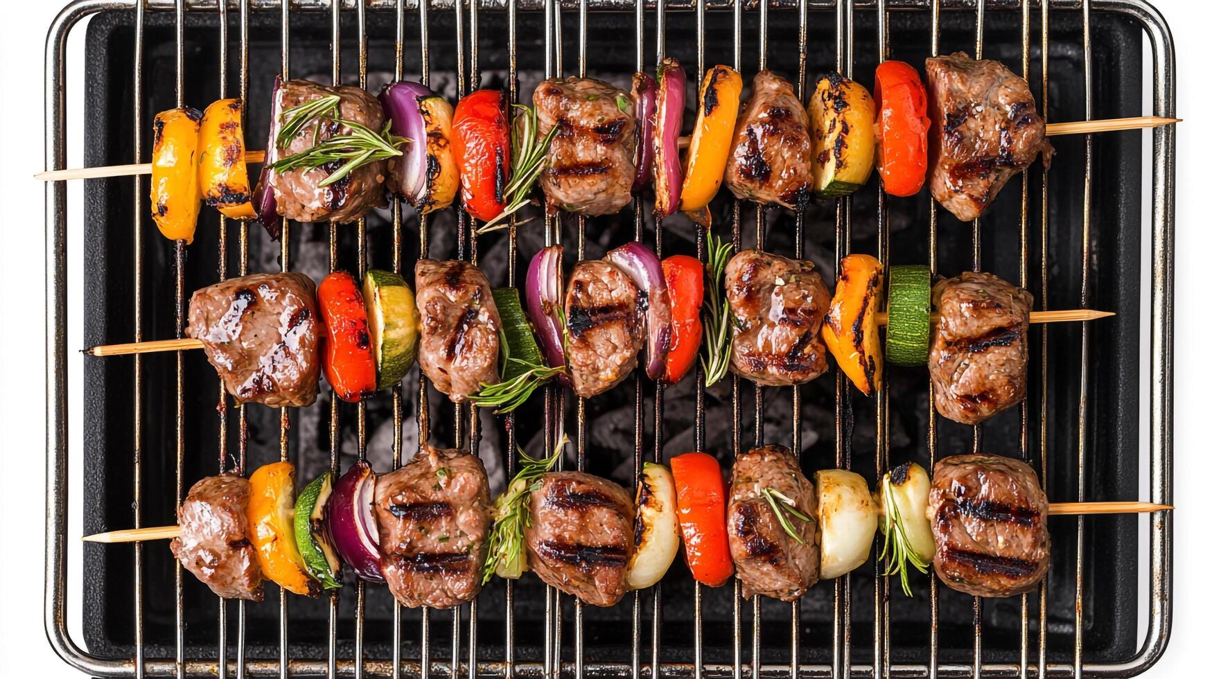 Grilled beef kebabs on skewers on a grill photo