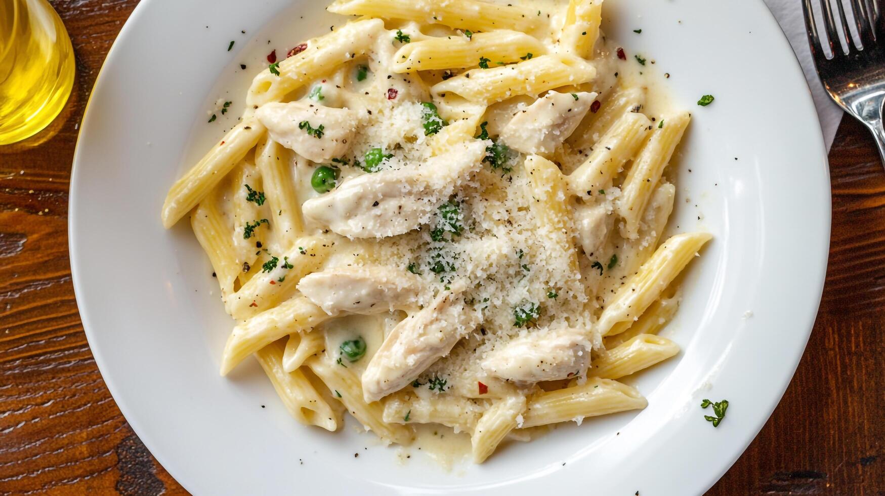 A white plate topped with pasta and chicken photo