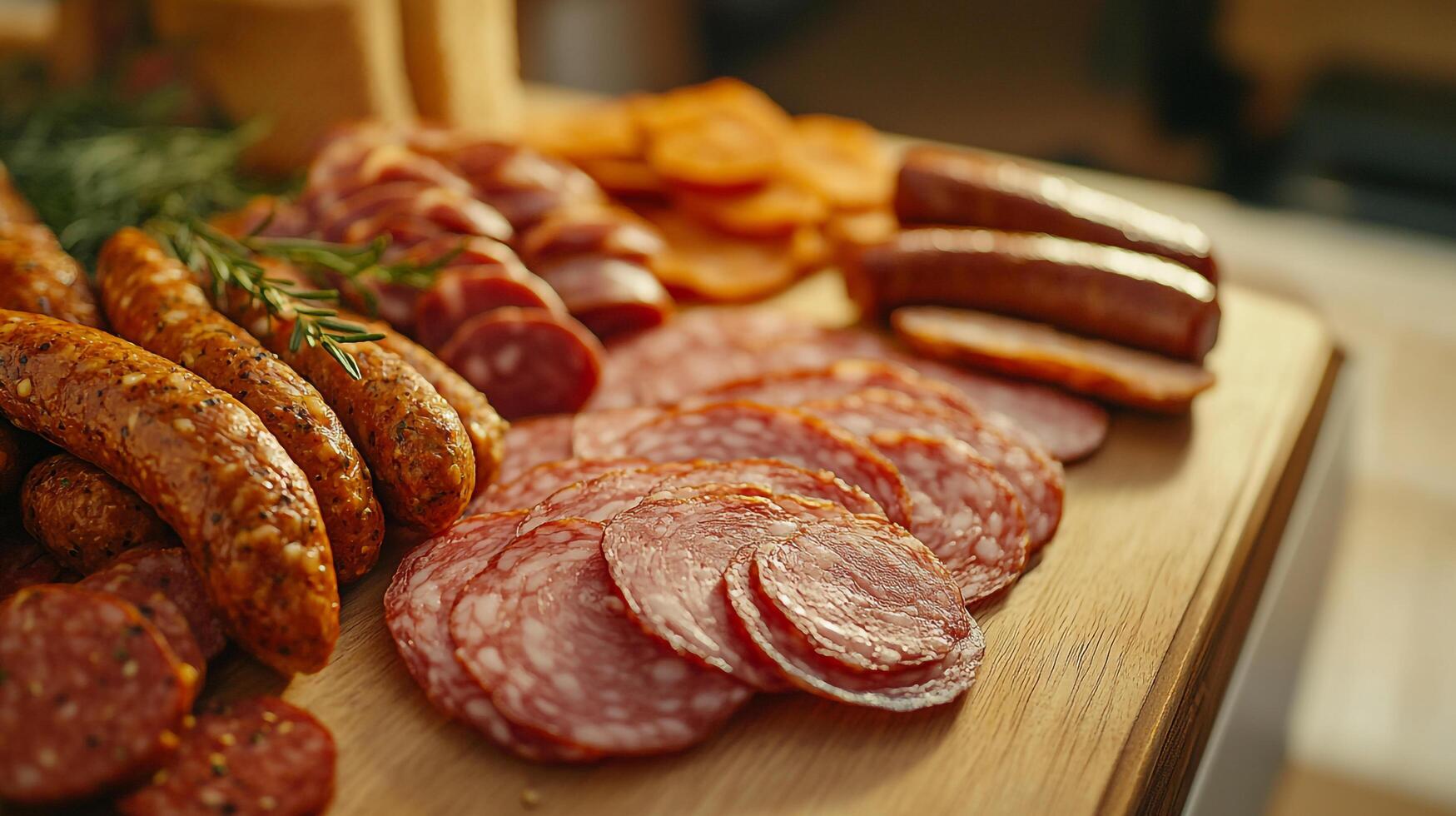 A cutting board with various meats and cheese photo