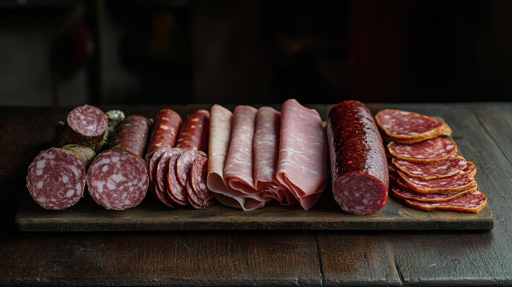 A wooden cutting board with a variety of meats photo