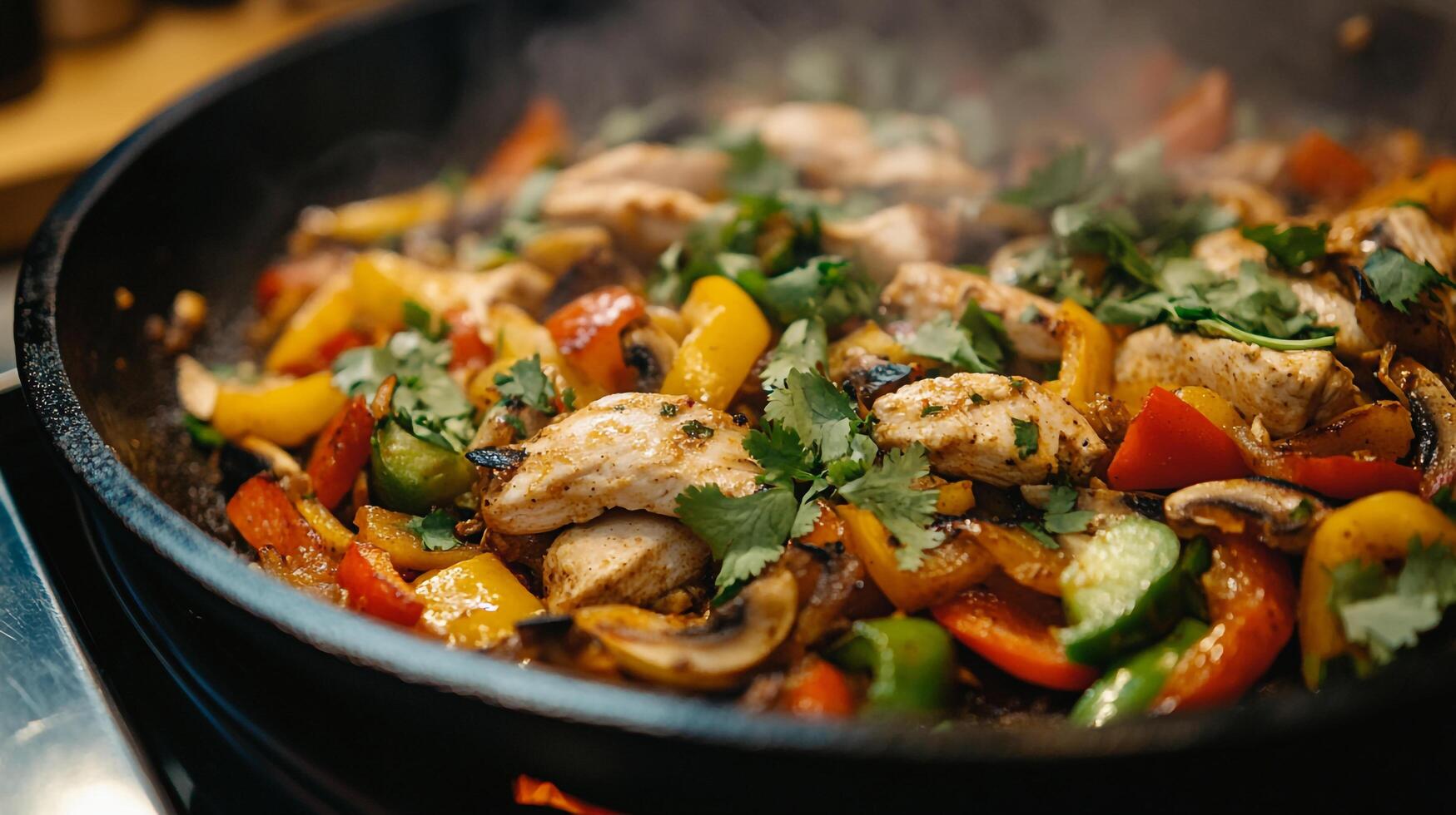 Chicken, peppers and vegetables in a skillet photo