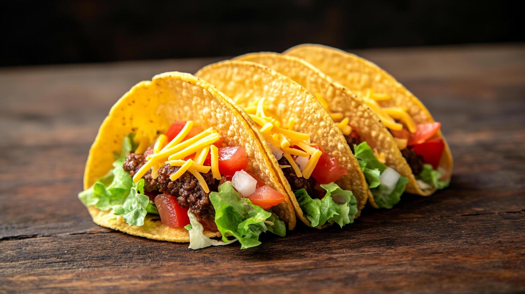 Three tacos on a wooden table photo