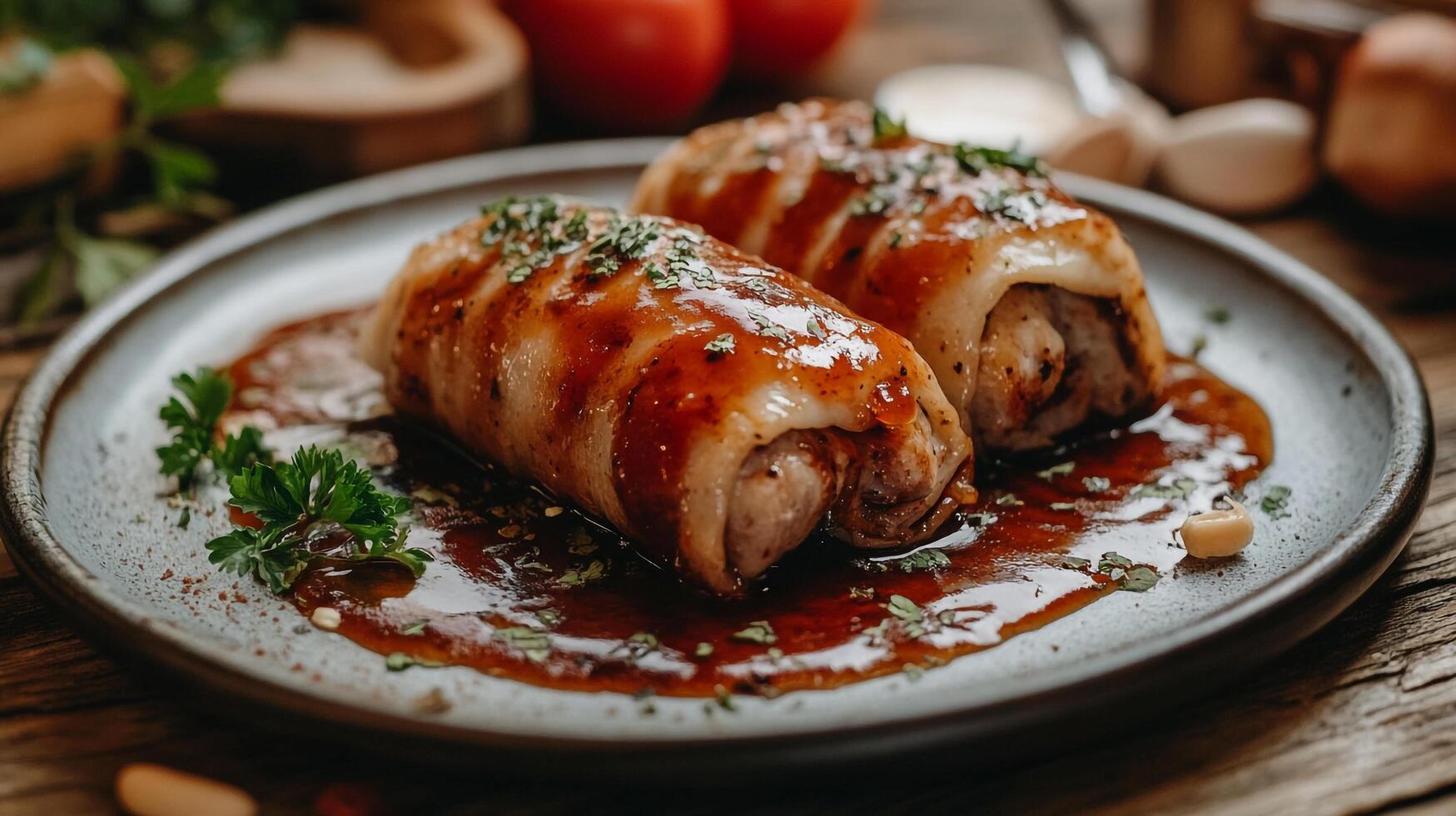 Two stuffed pork rolls on a plate with sauce photo