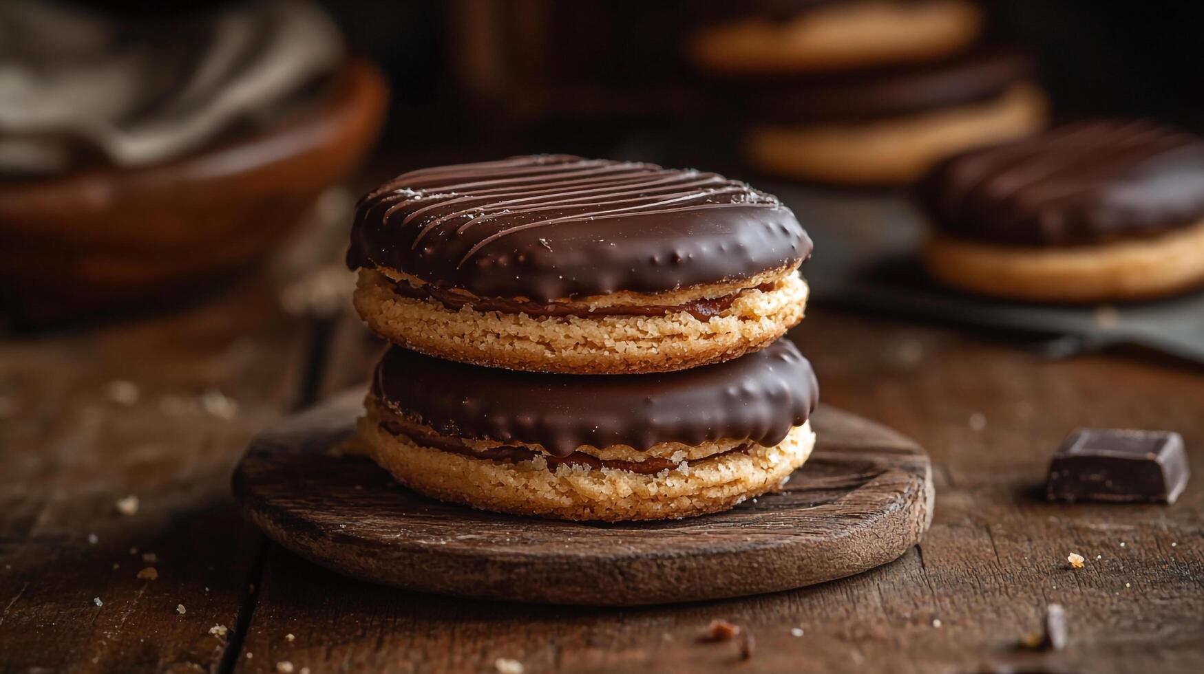 Three chocolate covered donuts on a wooden table photo