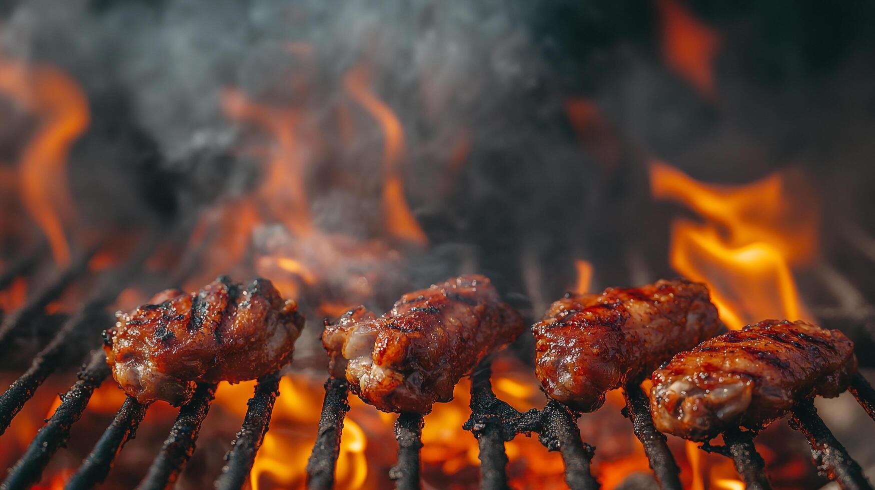 Grilled chicken wings on a grill with flames photo