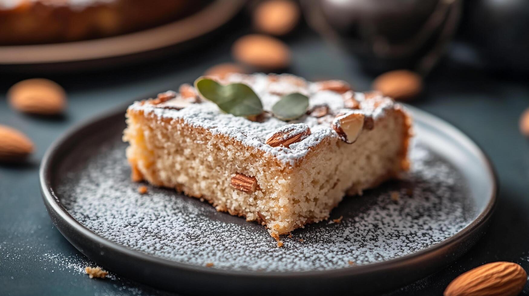 A piece of cake with almonds on a plate photo