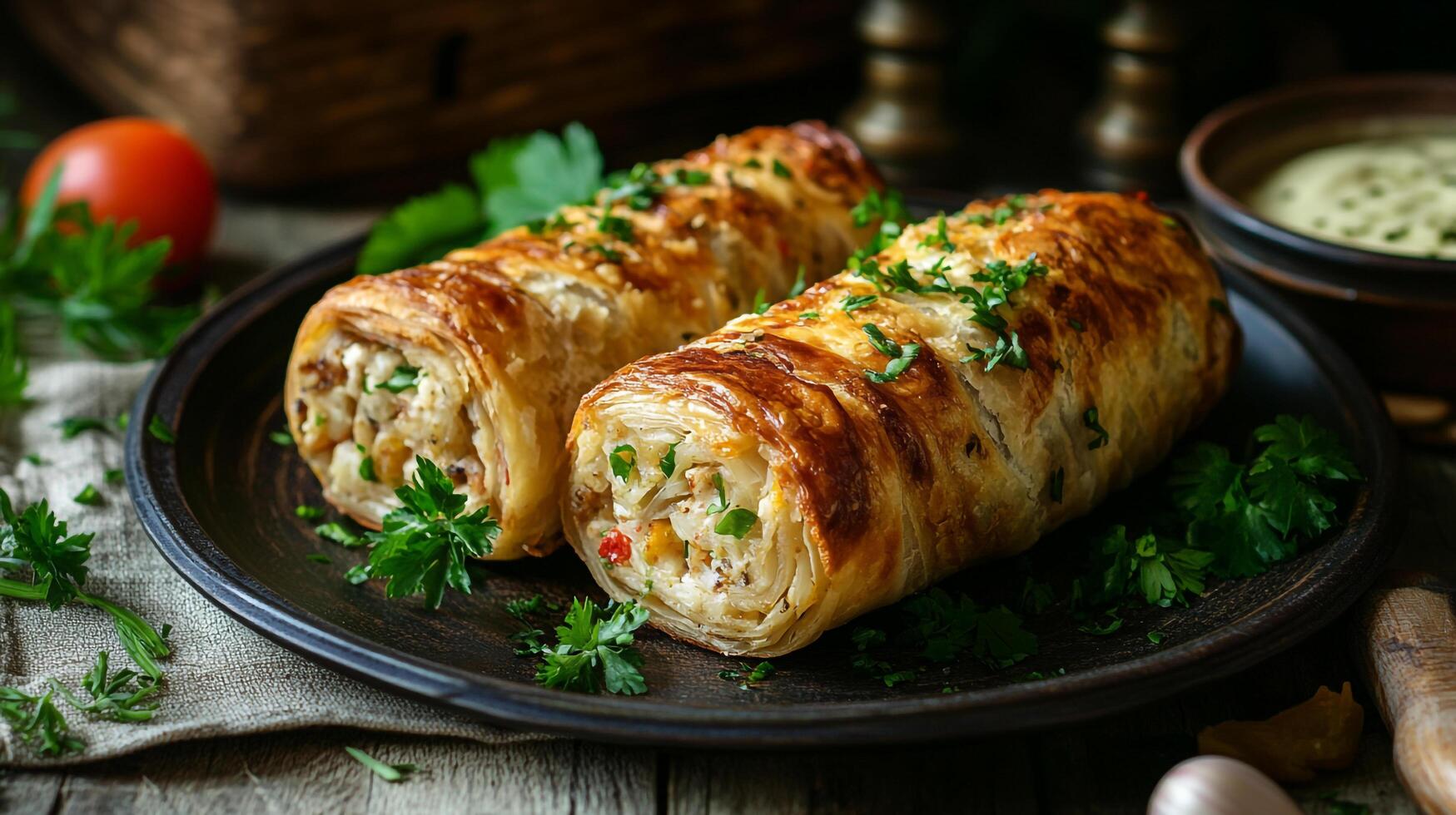 Two rolls with cheese and vegetables on a plate photo