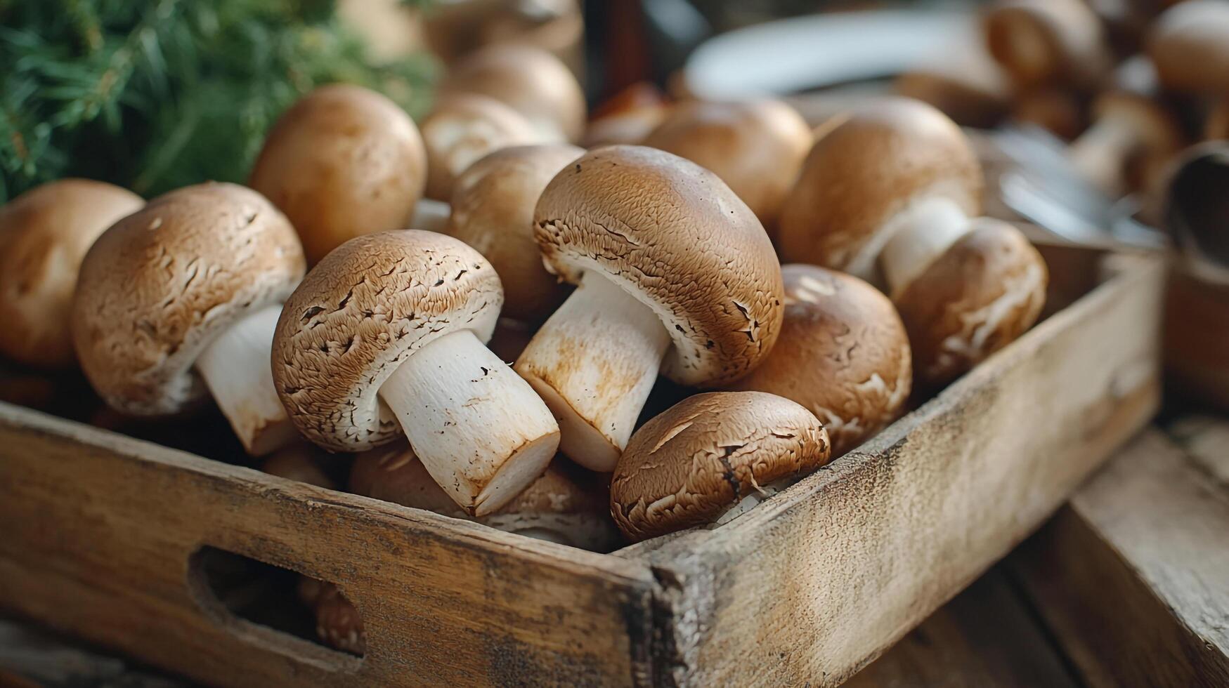Mushrooms in a wooden crate on a table photo
