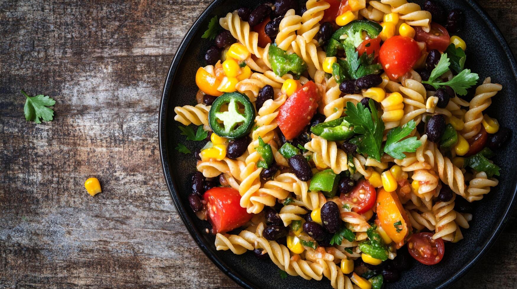 Pasta salad with black beans, corn and tomatoes photo