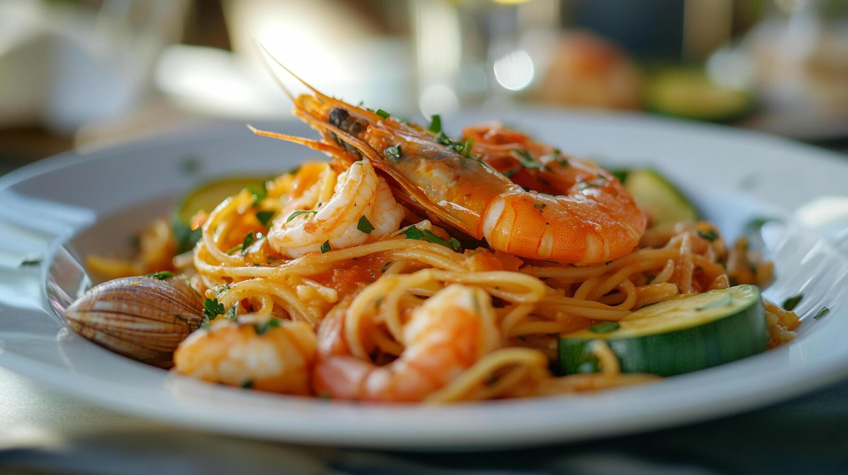 A plate of pasta with shrimp and vegetables photo