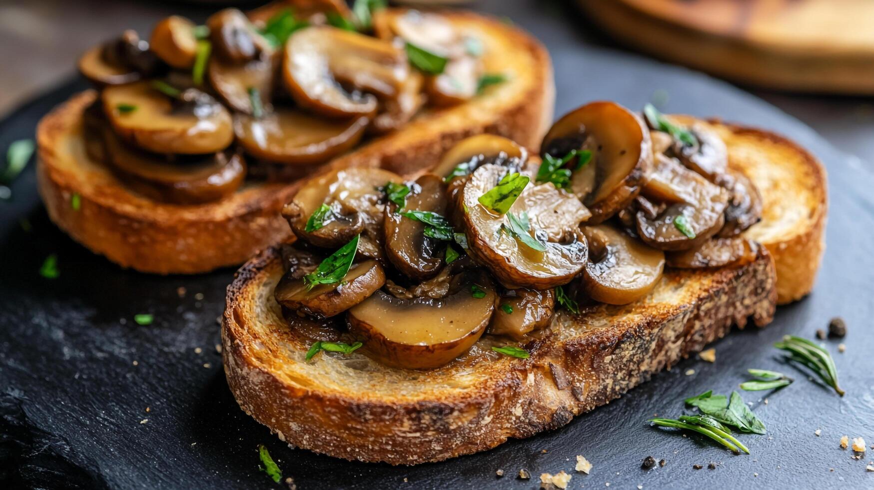 Two slices of bread with mushrooms and herbs photo