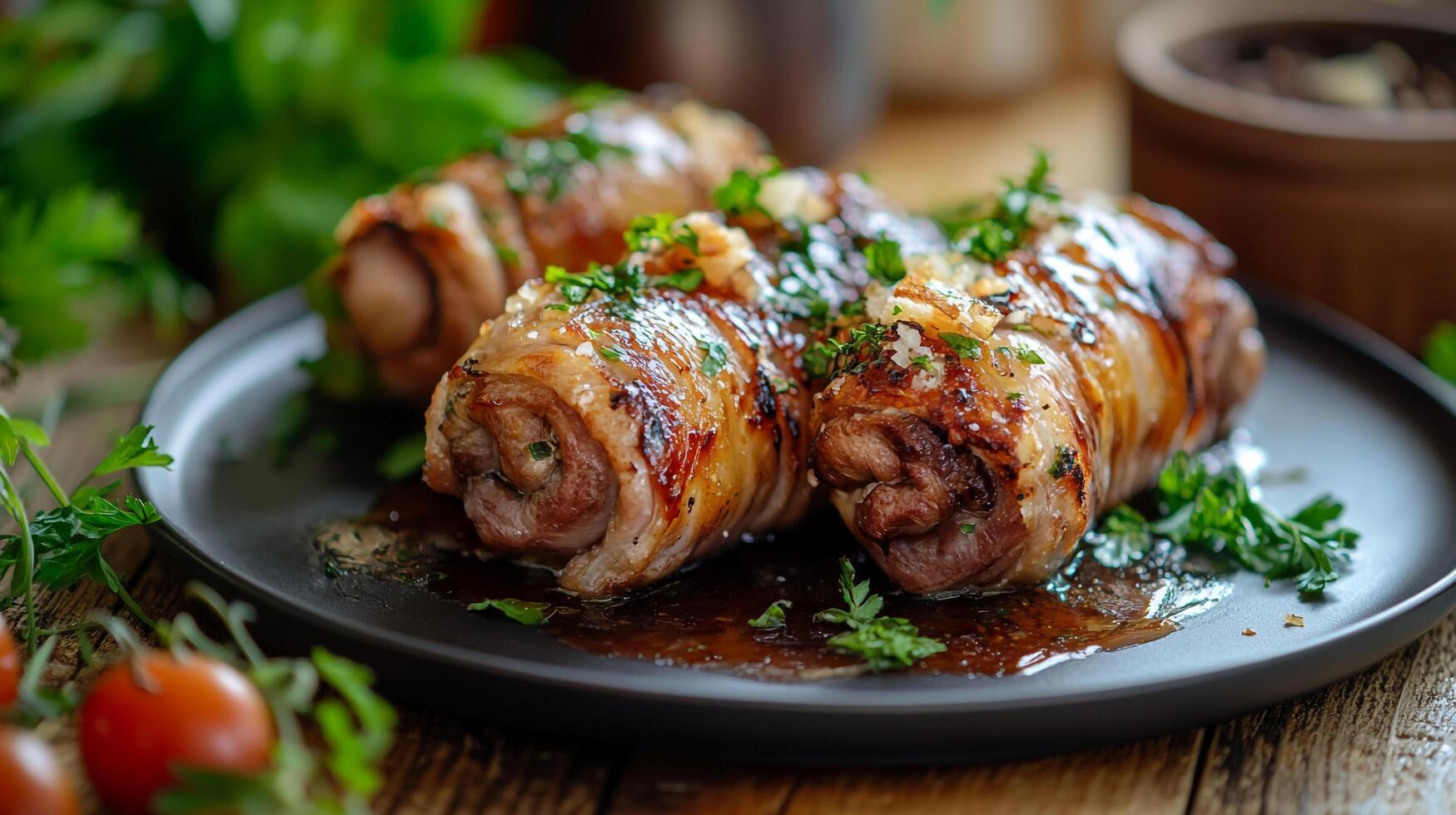A plate with meat wrapped in bacon and herbs photo