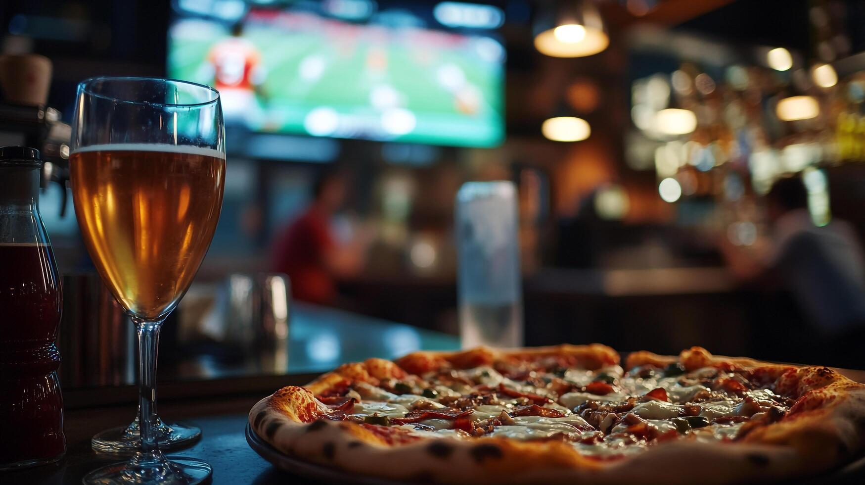 A pizza and beer on a table in front of a television photo