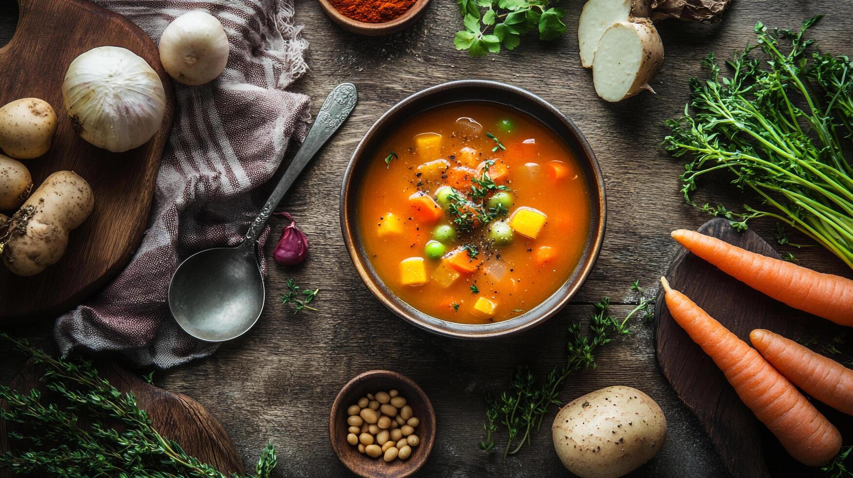 A bowl of soup with vegetables and herbs on a table photo