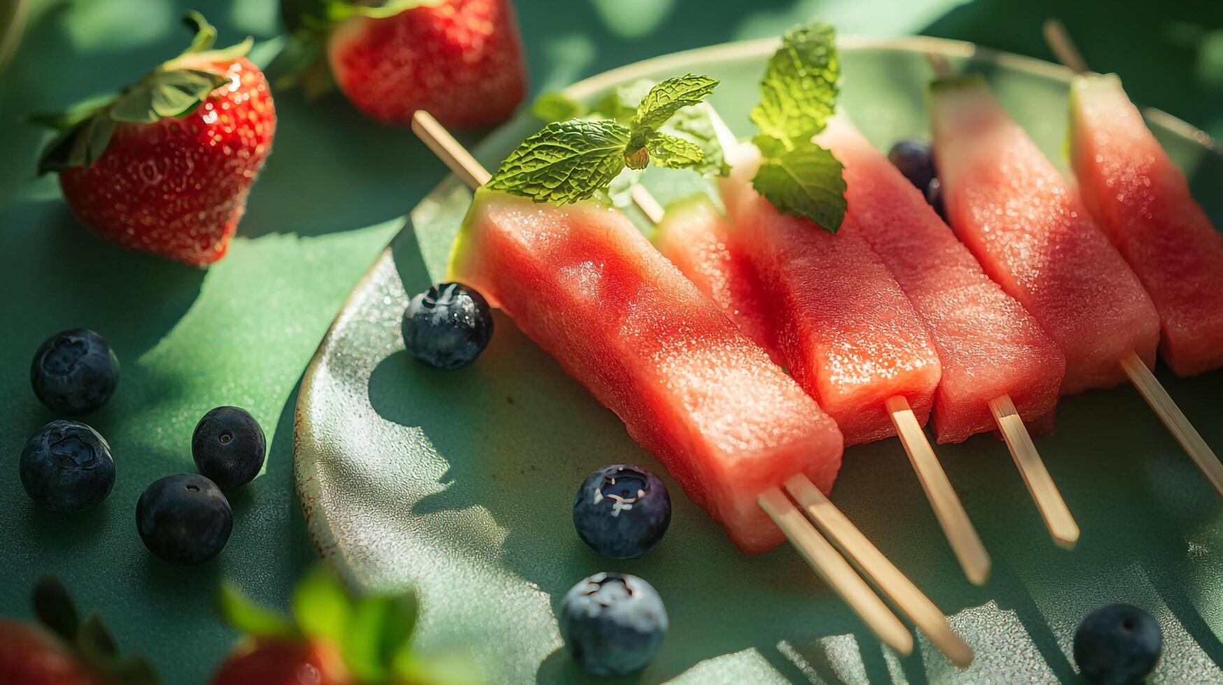 A plate with watermelon, blueberries and mint on it photo