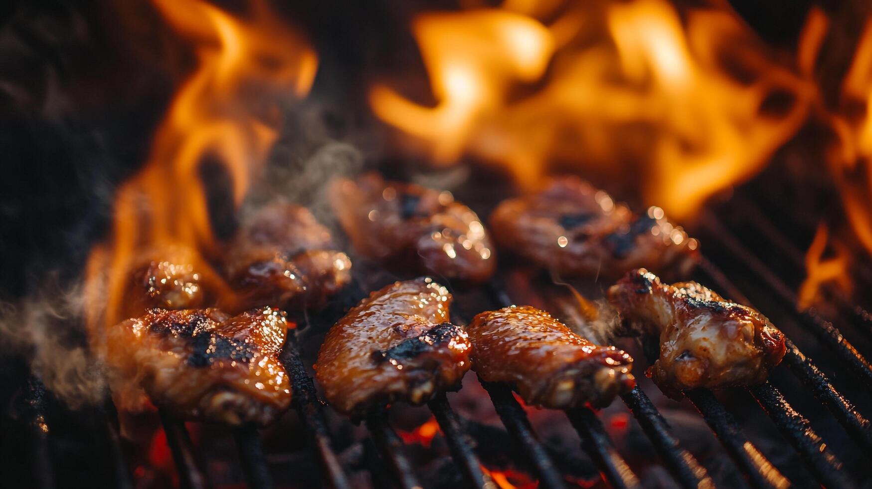 Chicken wings on a grill with flames photo