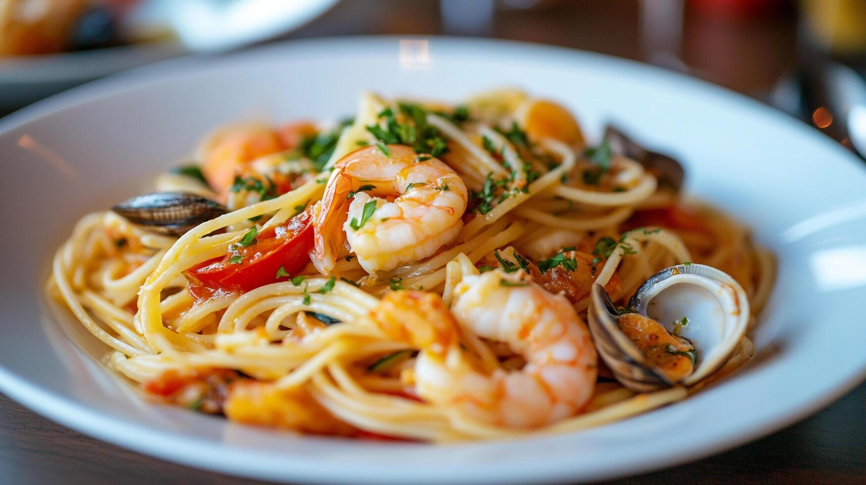 A plate of pasta with shrimp and clams photo