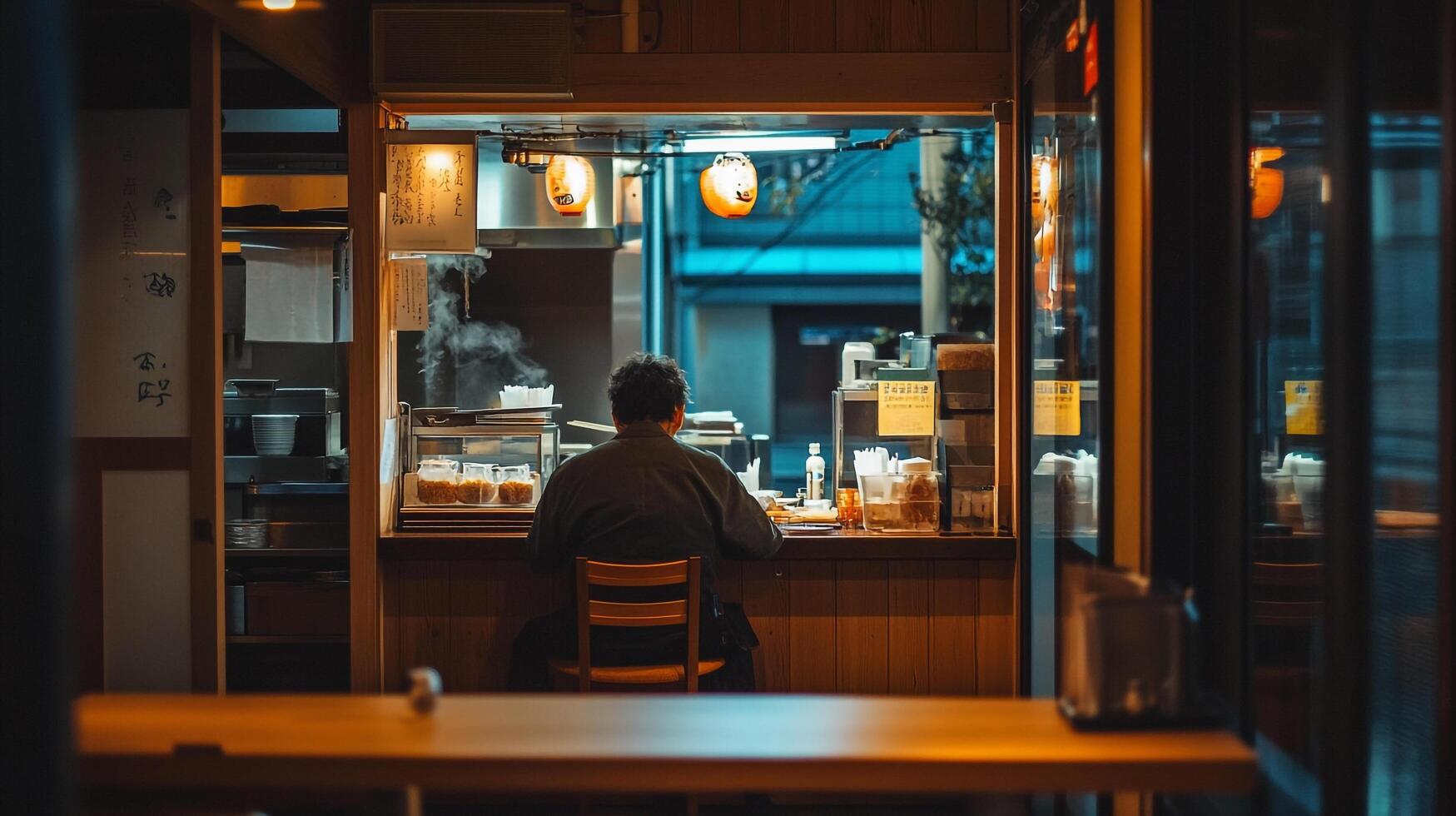 A man sitting at a table in a restaurant photo