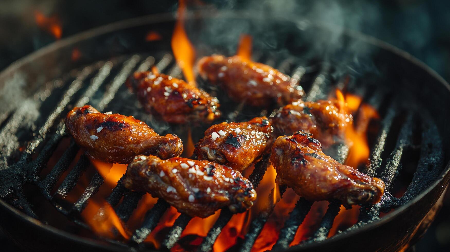 Chicken wings on a grill with flames photo