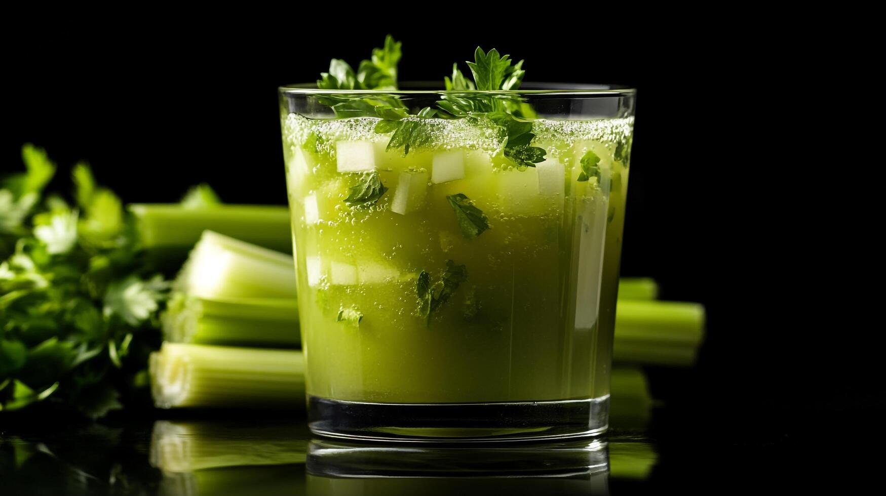 A glass of green juice with celery and parsley photo