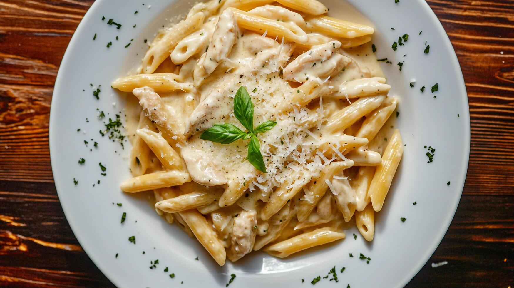 Penne pasta with chicken and cheese on a white plate photo