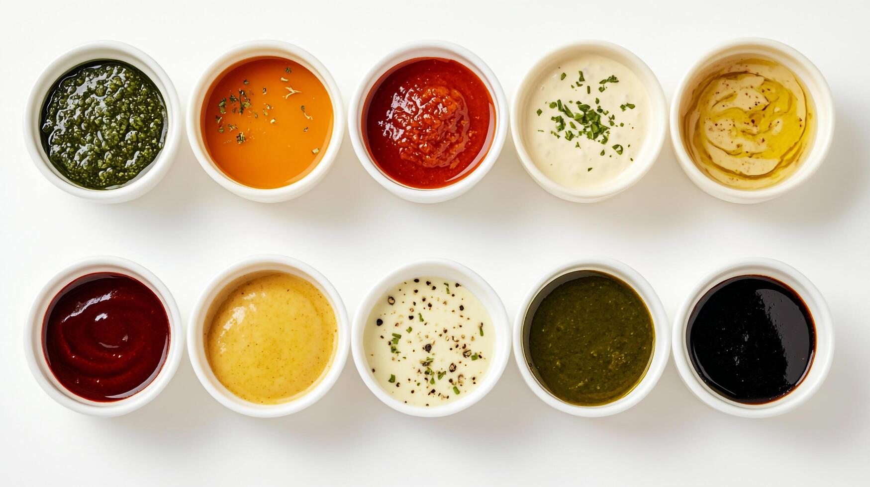 A variety of sauces in small bowls photo