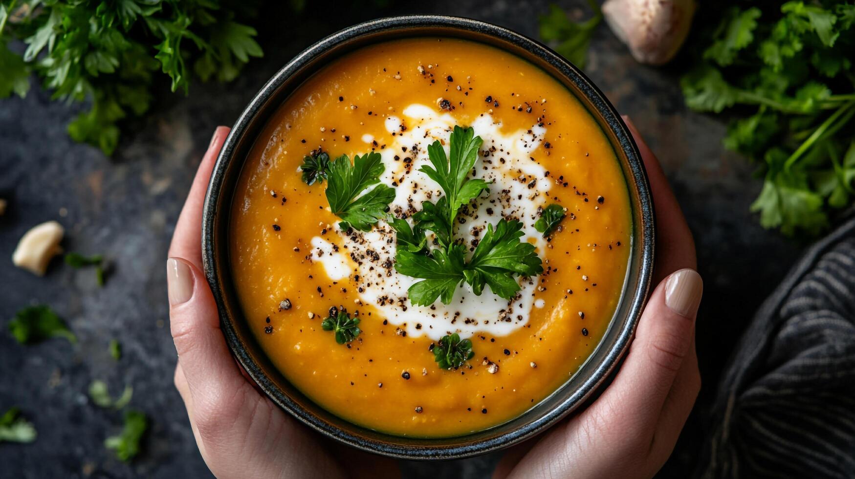 A bowl of soup with a spoon in it photo