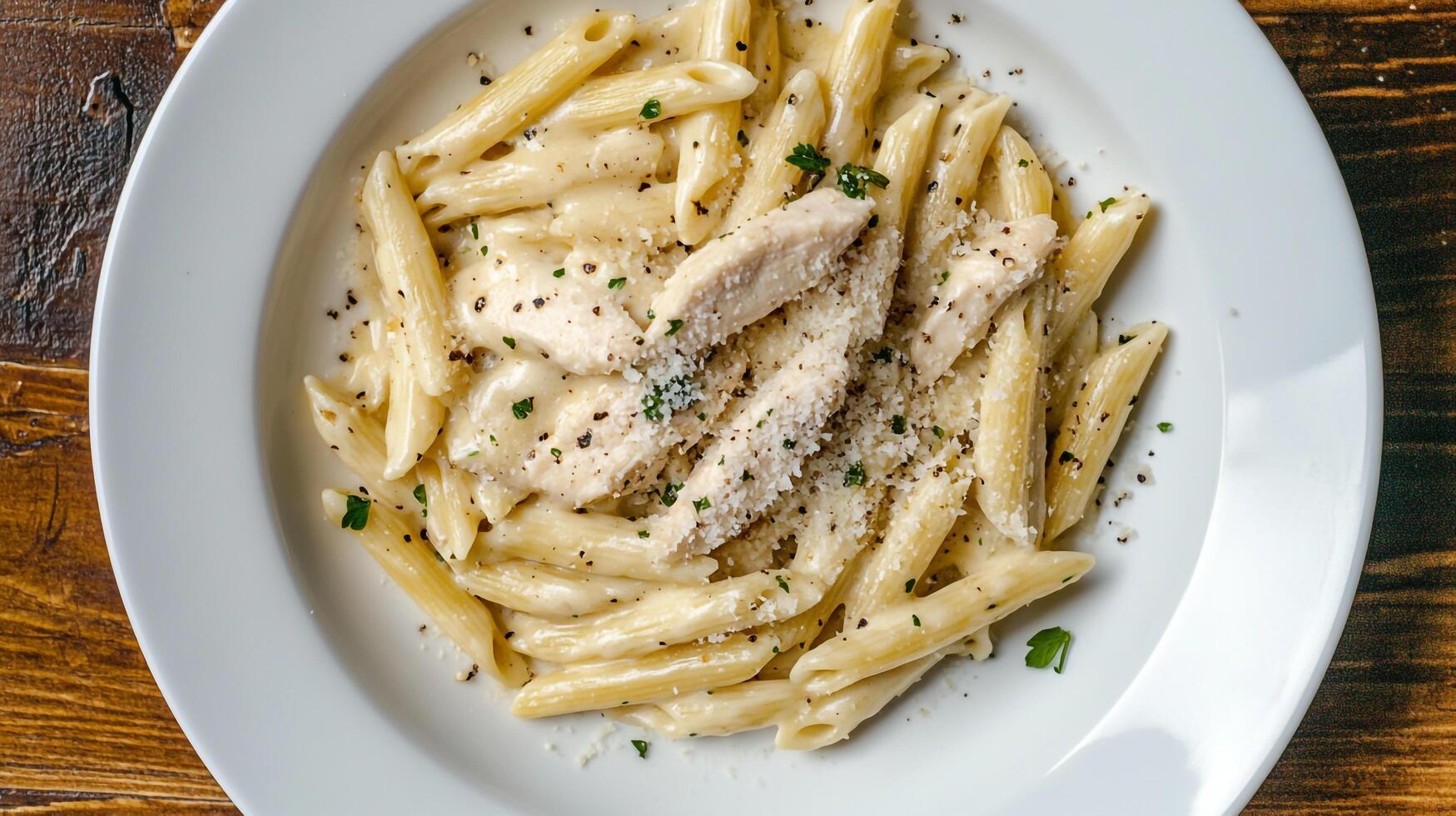 A white plate topped with pasta and chicken photo