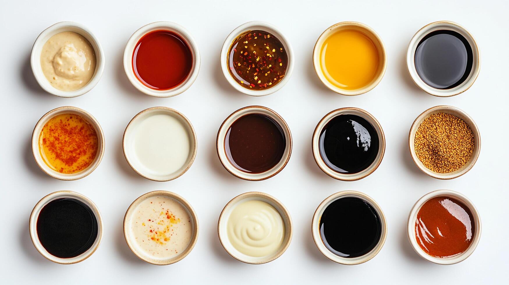 Various sauces in bowls on a white surface photo