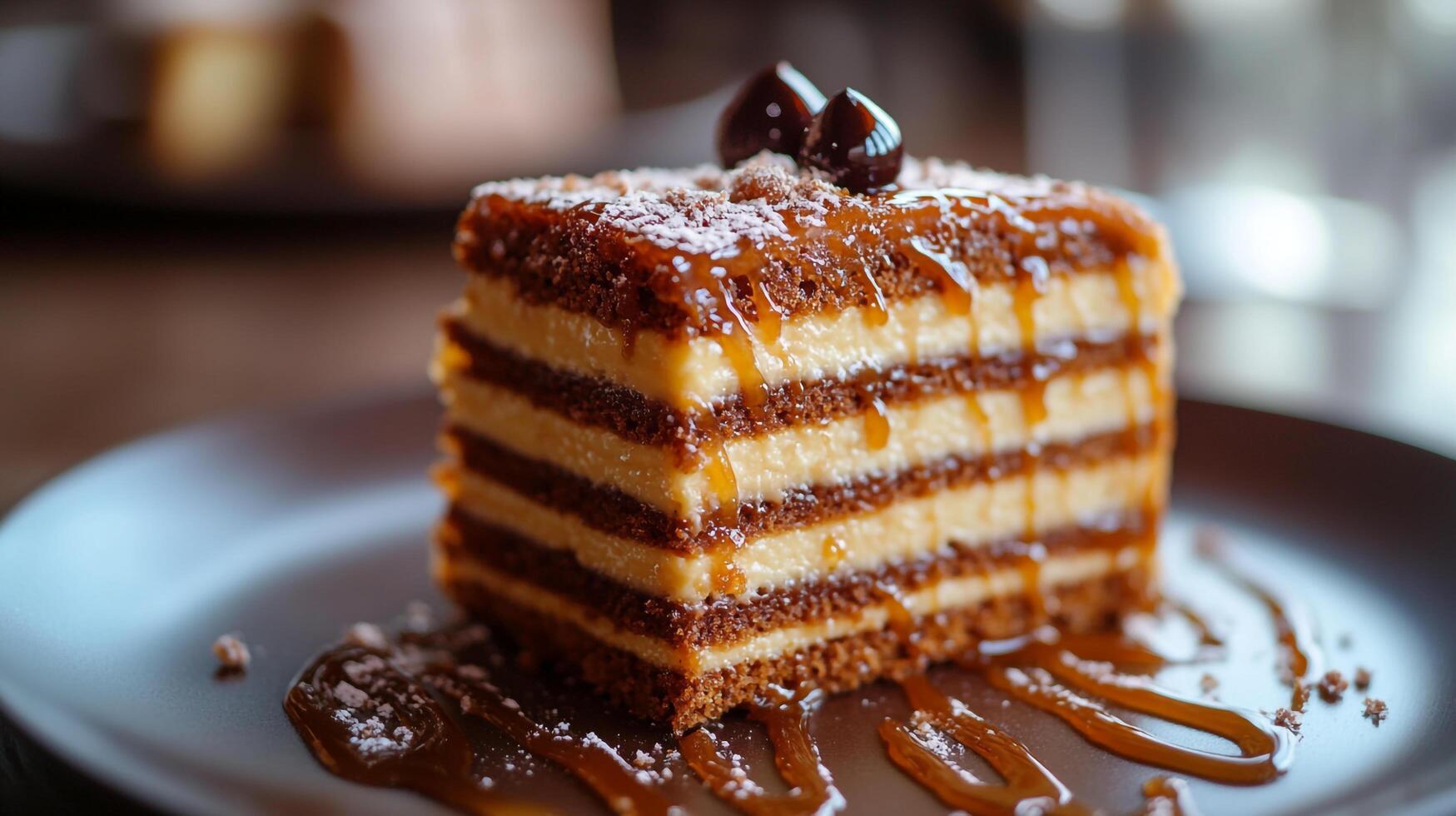 A piece of cake on a plate with caramel sauce photo