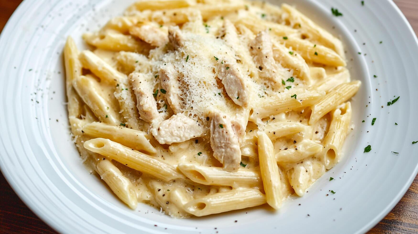A white plate topped with pasta and chicken photo