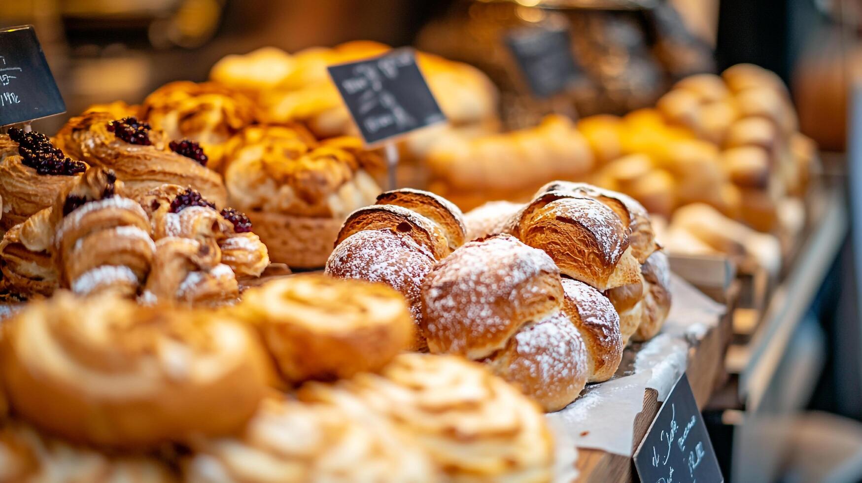 Many different types of pastries are on display photo