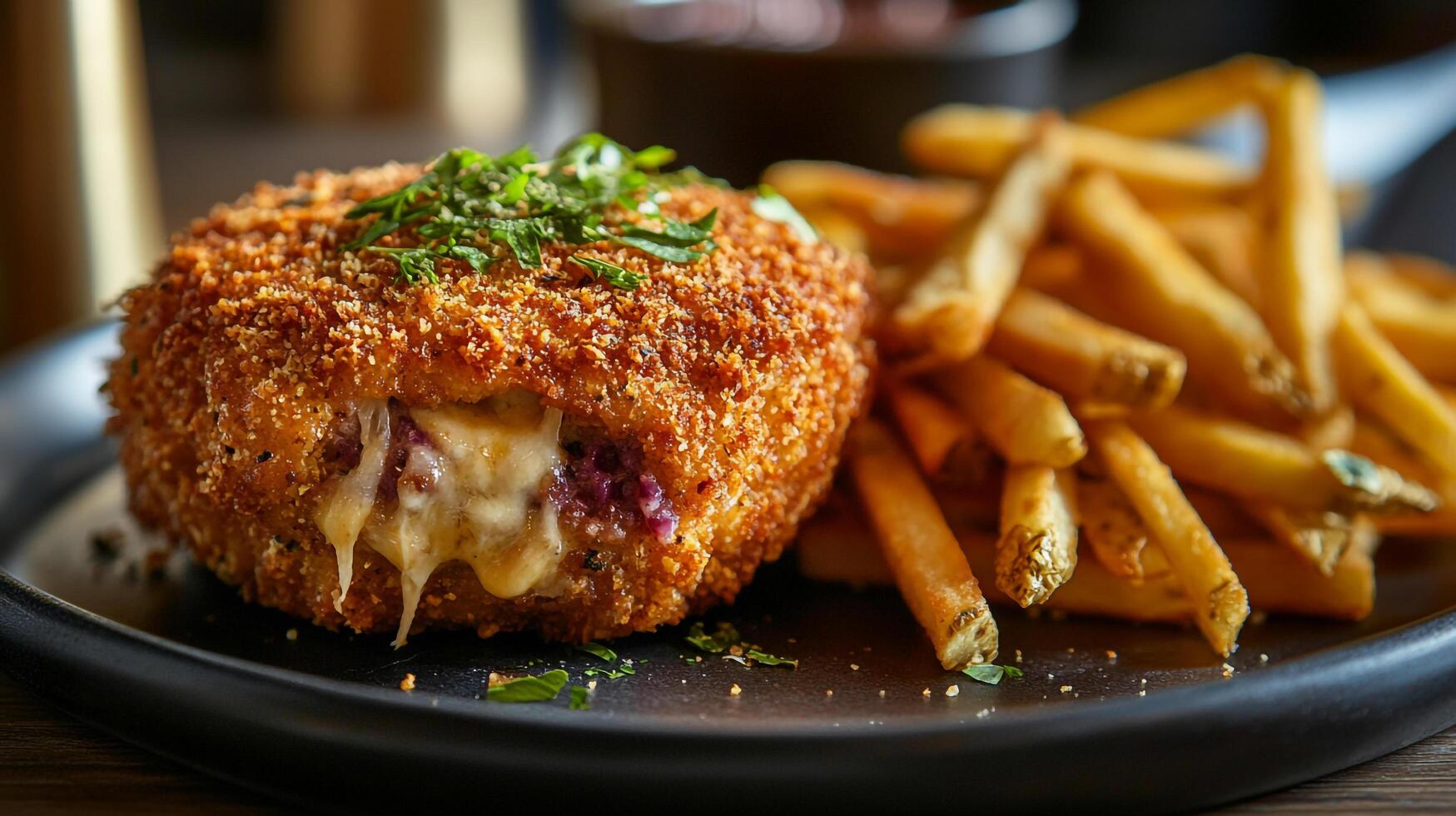A plate of food with fries and a meatball photo