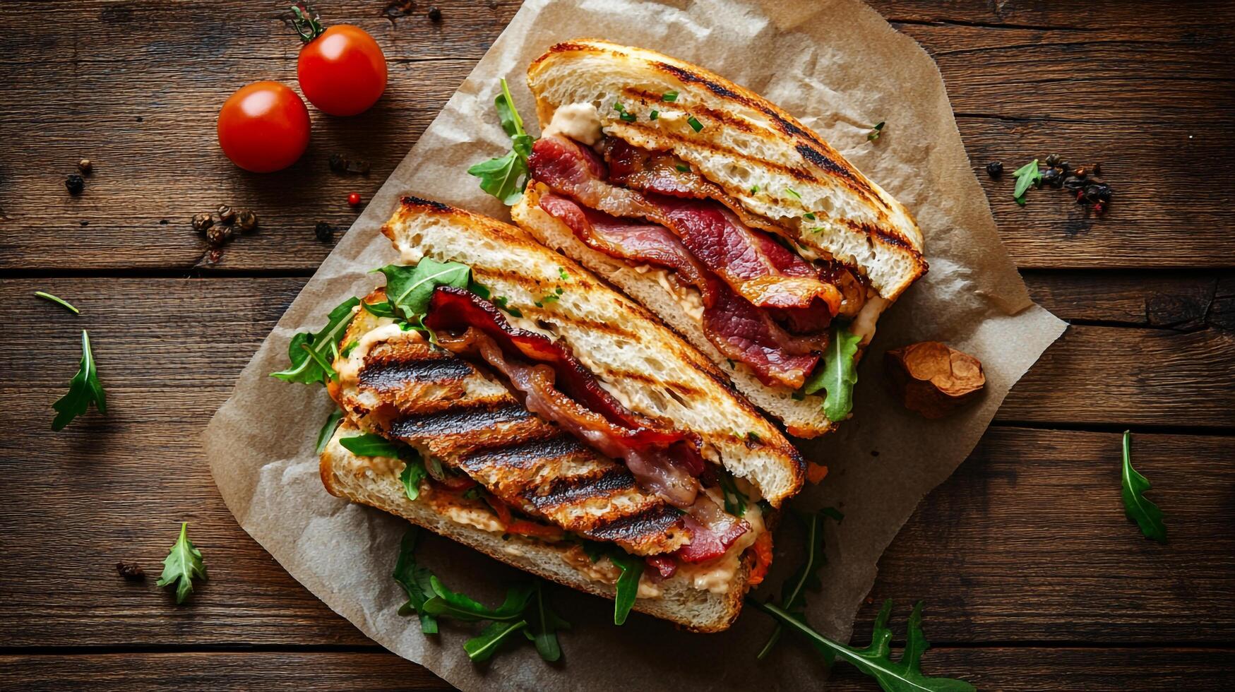 Grilled chicken and bacon sandwich on a wooden table photo