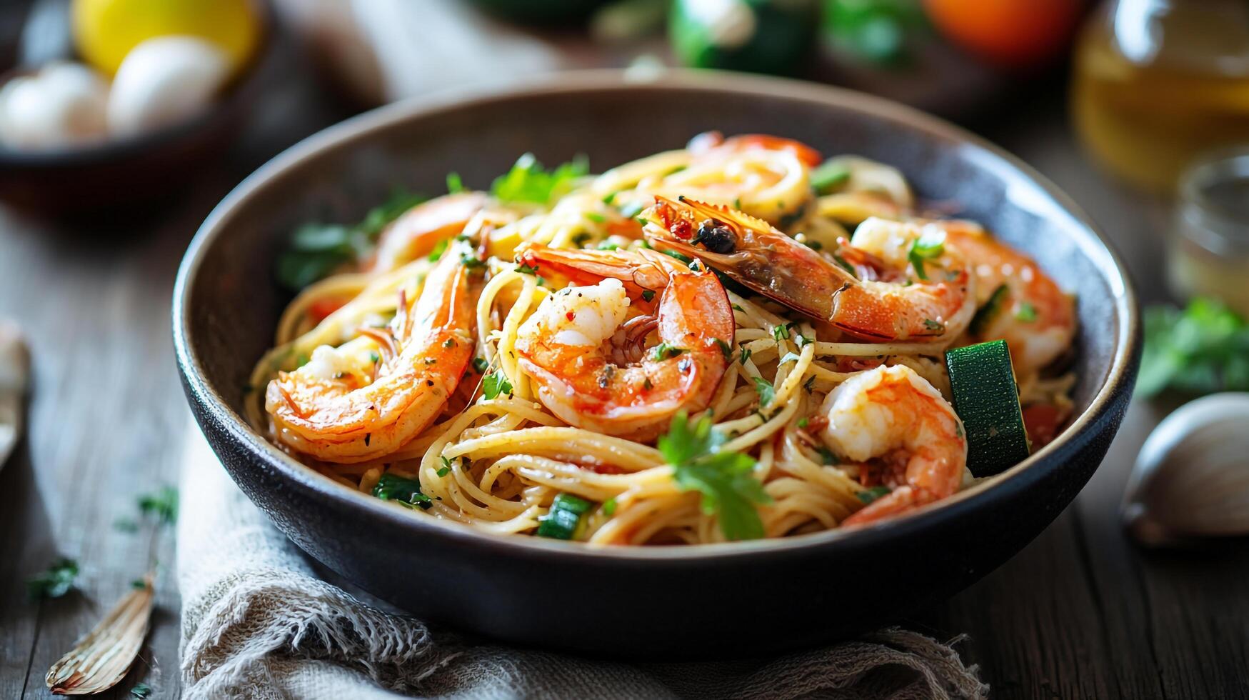 A bowl of pasta with shrimp and vegetables photo