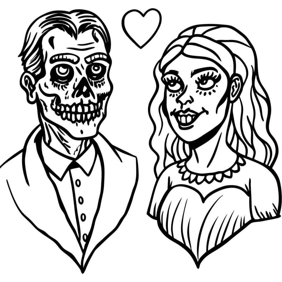 Zombie love match pair hand drawn ink sketch. Woman and man zombies. Engraved style illustration vector
