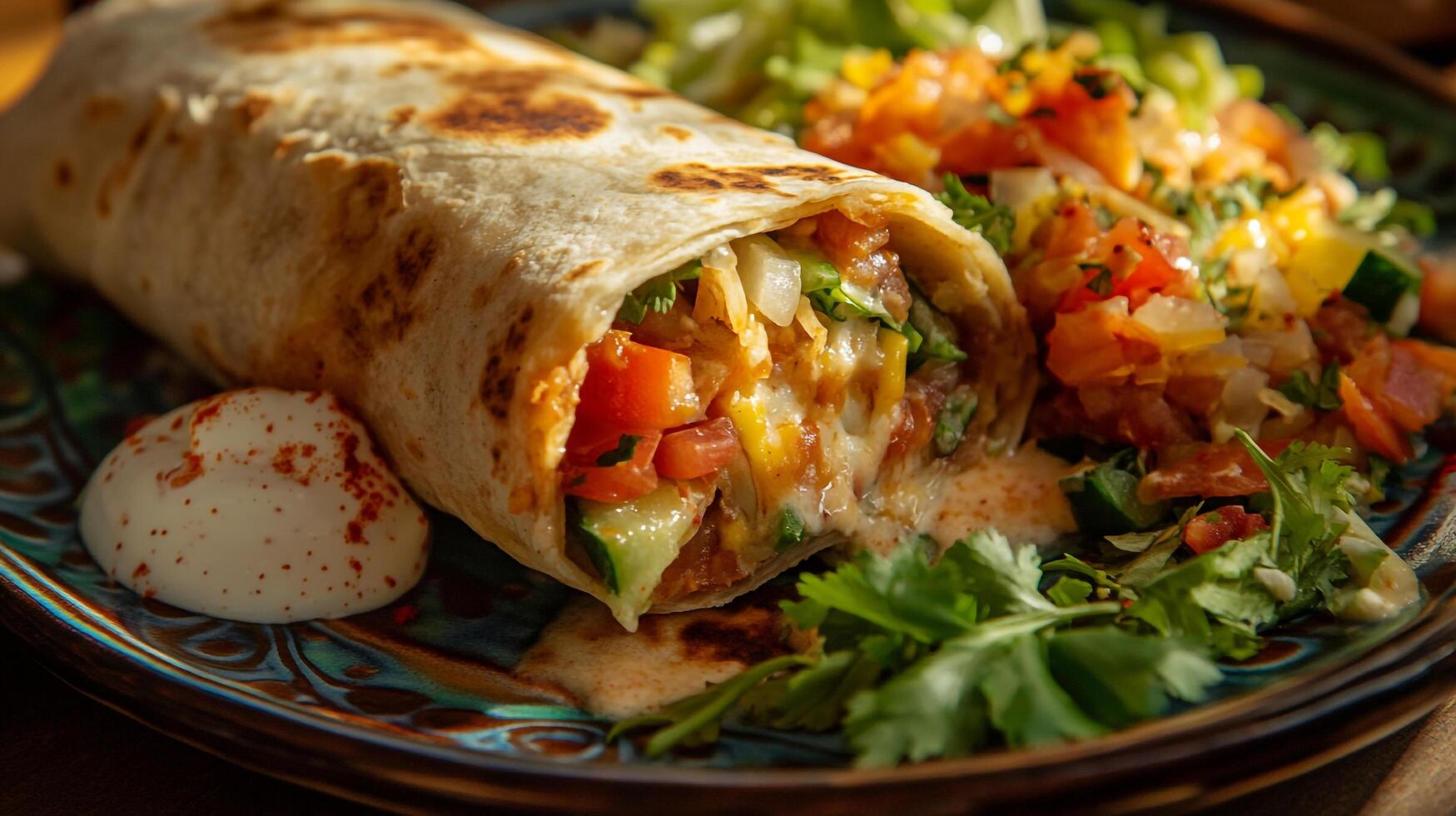A burrito with cheese and vegetables on a plate photo