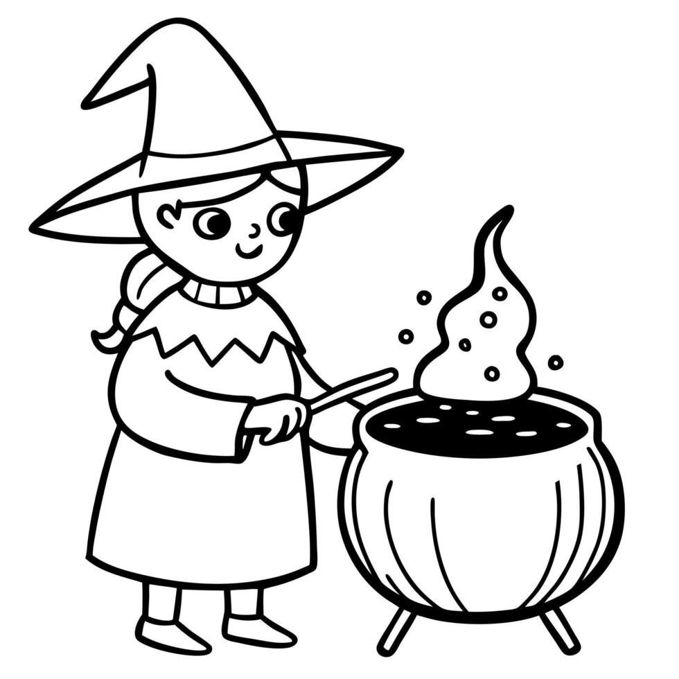 Witch figurine preparing a brew in a miniature cauldron with a dark magical atmosphere. vector