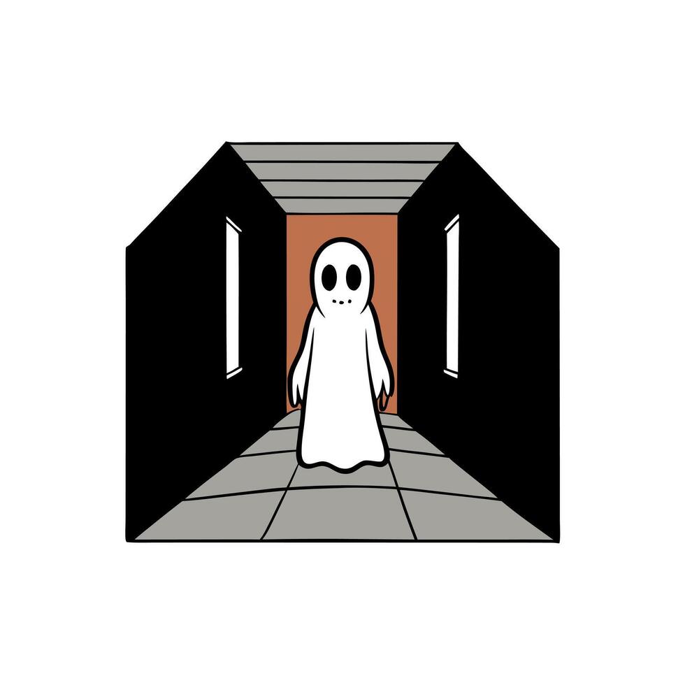 White spooky ghostly figure flying at the end of a dark corridor in abandoned haunted house. horror story illustration vector