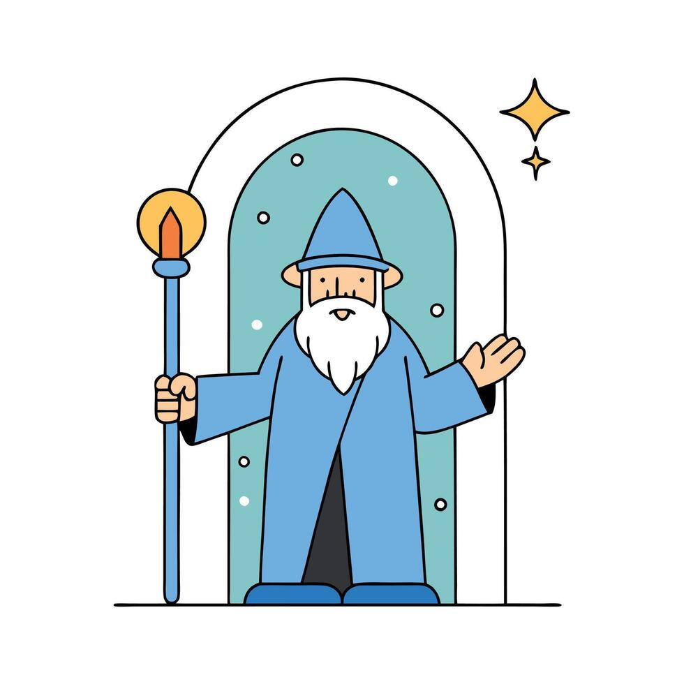 Wizard standing in front of magical portal with wand in his hand vector